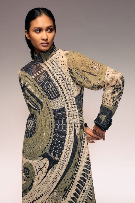 Buy_Kritika Murarka_Olive Green Cotton, Net High Neck Mata Ortiz Pottery Motif Print Midi Dress _Online_at_Aza_Fashions