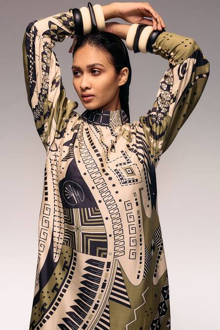 Kritika Murarka_Olive Green Silk High Neck Printed Midi Dress _Online_at_Aza_Fashions