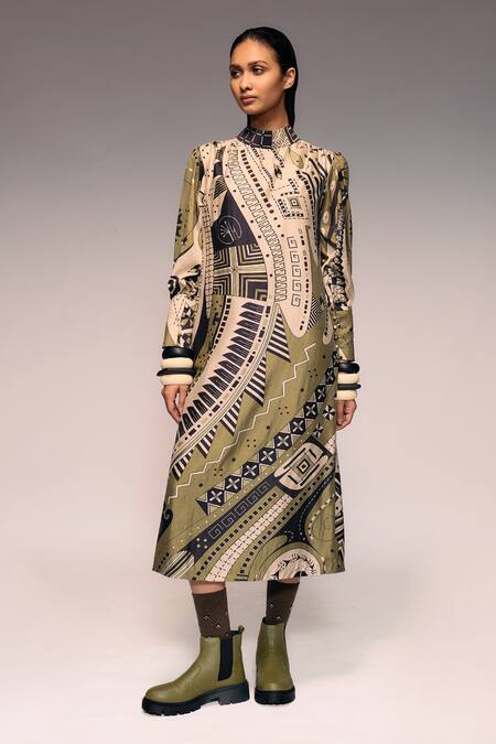 Buy_Kritika Murarka_Olive Green Silk High Neck Printed Midi Dress _Online_at_Aza_Fashions
