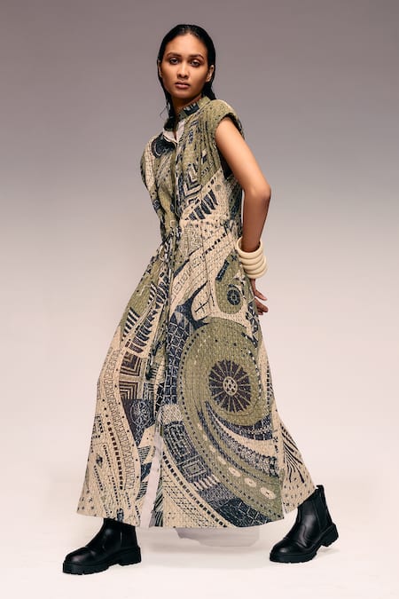 Kritika Murarka_Olive Green Cotton, Net Mandarin Mata Ortiz Hand Printed Drawstring Maxi Dress _Online_at_Aza_Fashions