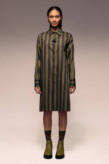 Kritika Murarka Olive Green Cotton Beads, Tassels Collared Stripe Shirt Dress Online at Aza Fashions Kritika Murarka_Olive Green Cotton Beads, Tassels Collared Stripe Shirt Dress _Online_at_Aza_Fashions