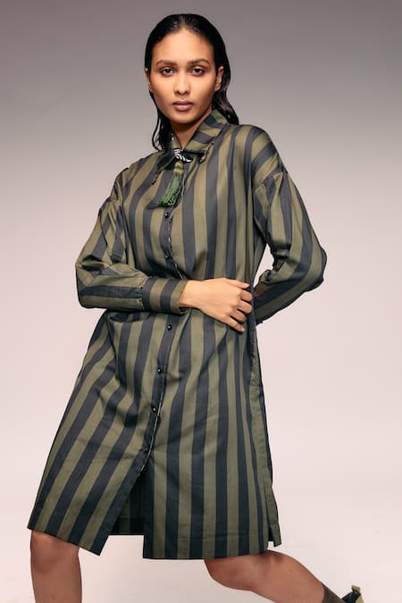 Shop Kritika Murarka Olive Green Cotton Beads, Tassels Collared Stripe Shirt Dress Online at Aza Fashions Shop_Kritika Murarka_Olive Green Cotton Beads, Tassels Collared Stripe Shirt Dress _Online_at_Aza_Fashions