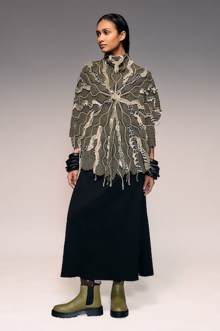 Kritika Murarka_Olive Green High Neck Cord Embroidered Crochet Cape _Online_at_Aza_Fashions
