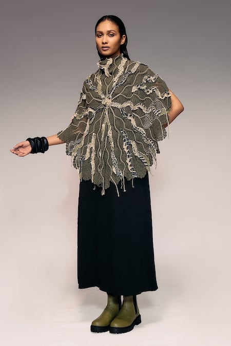 Buy_Kritika Murarka_Olive Green High Neck Cord Embroidered Crochet Cape _Online_at_Aza_Fashions