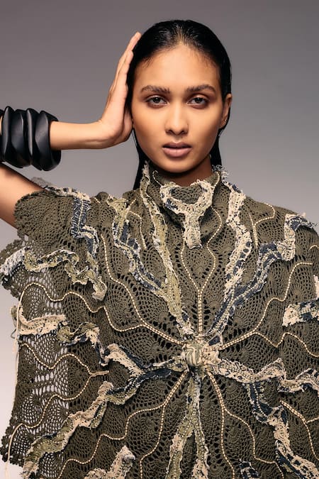 Shop_Kritika Murarka_Olive Green High Neck Cord Embroidered Crochet Cape _Online_at_Aza_Fashions