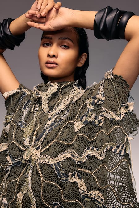 Kritika Murarka_Olive Green High Neck Cord Embroidered Crochet Cape _at_Aza_Fashions