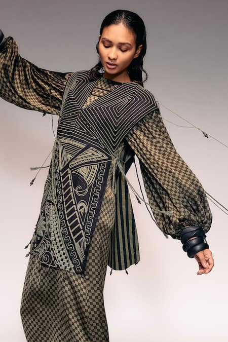 Kritika Murarka_Black Cotton, Linen Beads, Tassels, Embroidery Geometric Cord And Wooden Dress _Online_at_Aza_Fashions