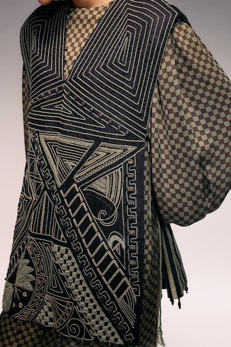 Buy_Kritika Murarka_Black Cotton, Linen Beads, Tassels, Embroidery Geometric Cord And Wooden Dress _Online_at_Aza_Fashions