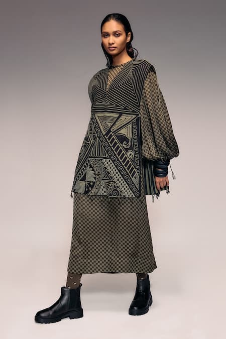 Shop_Kritika Murarka_Black Cotton, Linen Beads, Tassels, Embroidery Geometric Cord And Wooden Dress _Online_at_Aza_Fashions