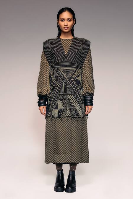 Kritika Murarka_Black Cotton, Linen Beads, Tassels, Embroidery Geometric Cord And Wooden Dress _at_Aza_Fashions