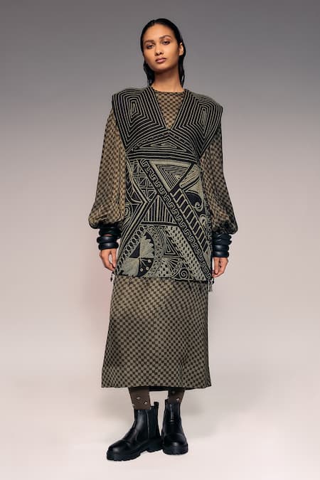 Kritika Murarka Geometric Cord & Wooden Bead Embroidered Dress 