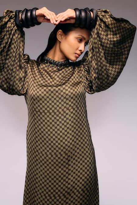 Kritika Murarka_Olive Green Modal, Satin High Neck Chequered Puffed Sleeve Midi Dress _Online_at_Aza_Fashions