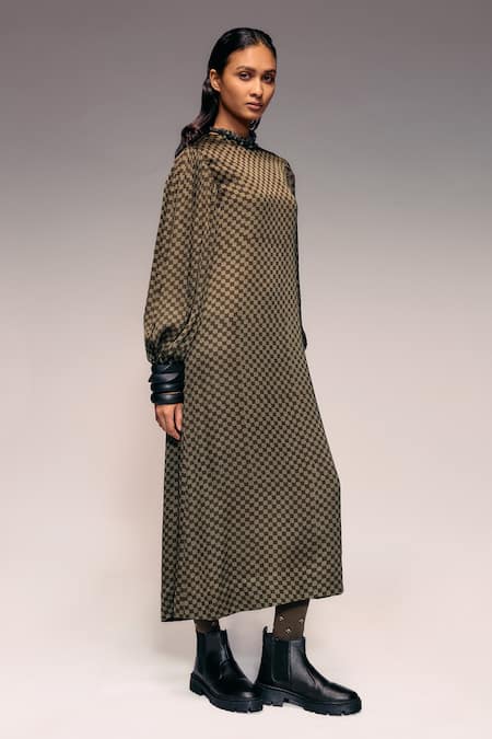 Buy_Kritika Murarka_Olive Green Modal, Satin High Neck Chequered Puffed Sleeve Midi Dress _Online_at_Aza_Fashions