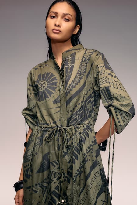 Kritika Murarka_Olive Green Cotton Embroidery Mandarin Collar Tribal Print Drawstring Maxi Dress _Online_at_Aza_Fashions