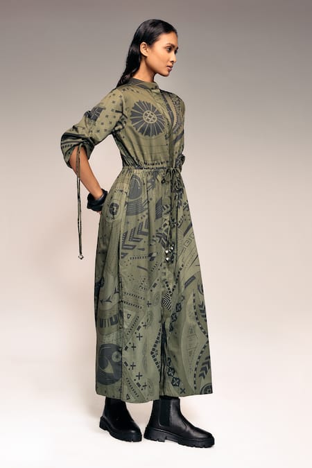 Buy_Kritika Murarka_Olive Green Cotton Embroidery Mandarin Collar Tribal Print Drawstring Maxi Dress _Online_at_Aza_Fashions