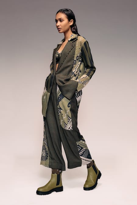 Buy_Kritika Murarka_Olive Green Cotton, Net Beads Patchwork Houndstooth Jacket _Online_at_Aza_Fashions