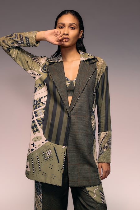 Shop_Kritika Murarka_Olive Green Cotton, Net Beads Patchwork Houndstooth Jacket _Online_at_Aza_Fashions