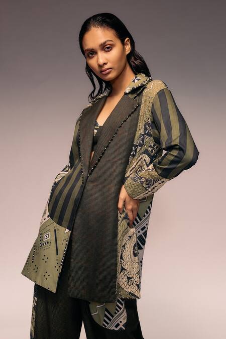Kritika Murarka_Olive Green Cotton, Net Beads Patchwork Houndstooth Jacket _at_Aza_Fashions