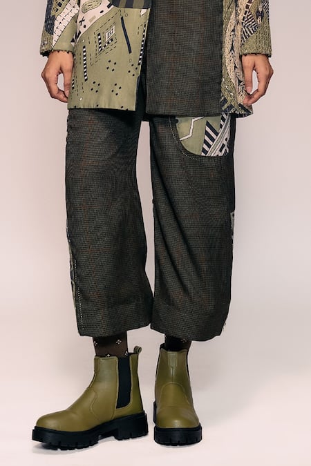 Kritika Murarka_Olive Green Cotton, Net Patchwork Houndstooth And Printed Trouser _Online_at_Aza_Fashions
