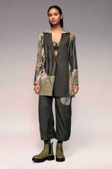 Buy_Kritika Murarka_Olive Green Cotton, Net Patchwork Houndstooth And Printed Trouser _Online_at_Aza_Fashions