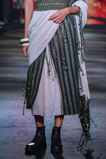 Kritika Murarka Olive Green Cotton, Net Fringe, Beads Stripe Flap Midi Skirt Online at Aza Fashions Kritika Murarka_Olive Green Cotton, Net Fringe, Beads Stripe Flap Midi Skirt _Online_at_Aza_Fashions