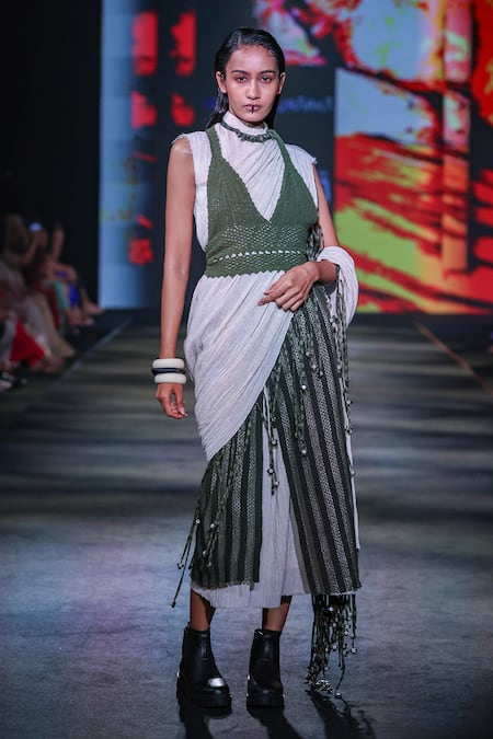 Shop_Kritika Murarka_Olive Green Cotton, Net Fringe, Beads Stripe Flap Midi Skirt _Online_at_Aza_Fashions