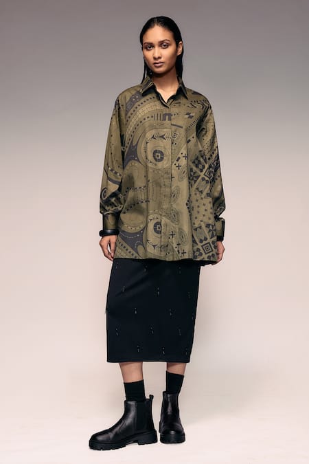 Kritika Murarka_Olive Green Cotton Collared Mata Ortiz-inspired Overdyed Print Shirt _Online_at_Aza_Fashions
