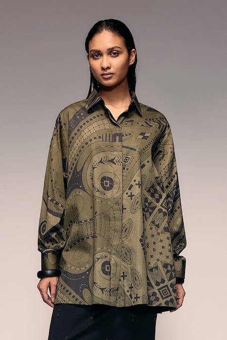 Buy_Kritika Murarka_Olive Green Cotton Collared Mata Ortiz-inspired Overdyed Print Shirt _Online_at_Aza_Fashions