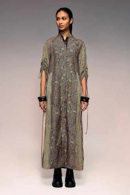 Kritika Murarka_Black Handloom Cotton, Silk, Satin Embroidery Collared, Print Panel Maxi Dress _Online_at_Aza_Fashions