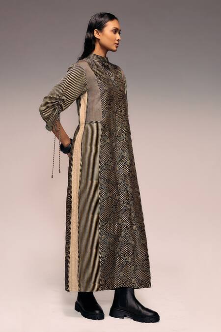 Buy_Kritika Murarka_Black Handloom Cotton, Silk, Satin Embroidery Collared, Print Panel Maxi Dress _Online_at_Aza_Fashions