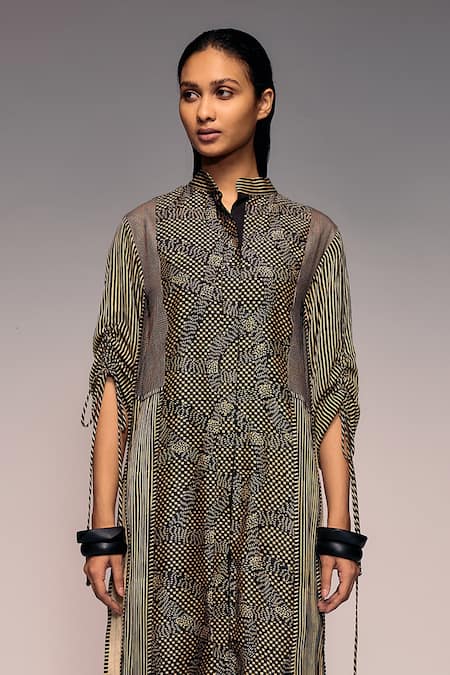 Shop_Kritika Murarka_Black Handloom Cotton, Silk, Satin Embroidery Collared, Print Panel Maxi Dress _Online_at_Aza_Fashions