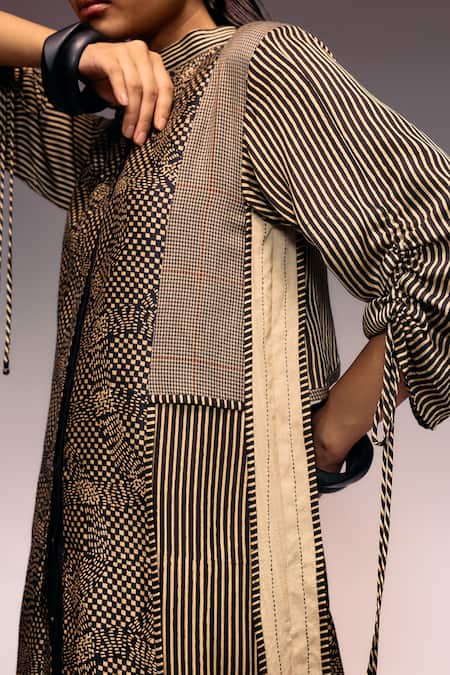 Kritika Murarka_Black Handloom Cotton, Silk, Satin Embroidery Collared, Print Panel Maxi Dress _at_Aza_Fashions