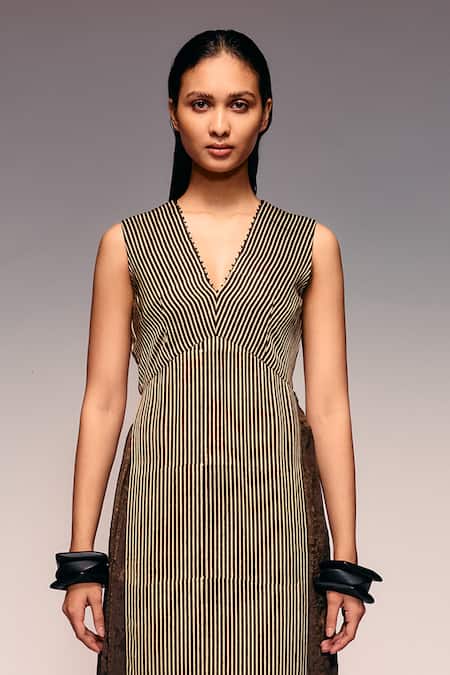 Buy_Kritika Murarka_Black Modal, Satin Beads V-neck Ajrakh Stripe Longline Top _Online_at_Aza_Fashions