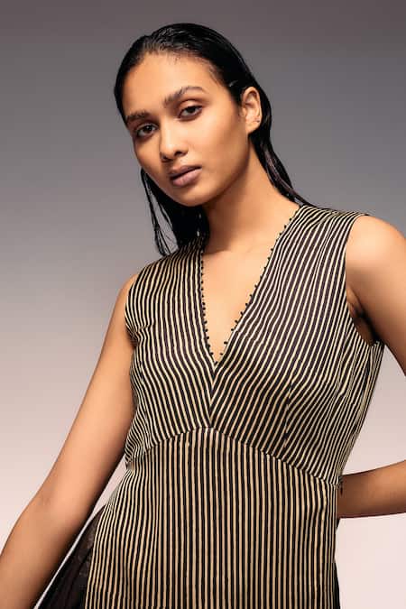 Shop_Kritika Murarka_Black Modal, Satin Beads V-neck Ajrakh Stripe Longline Top _Online_at_Aza_Fashions