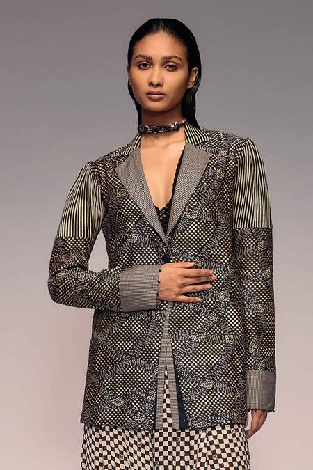 Kritika Murarka_Black Handloom Cotton, Silk, Satin Embroidery Munga Patchwork Blazer _Online_at_Aza_Fashions