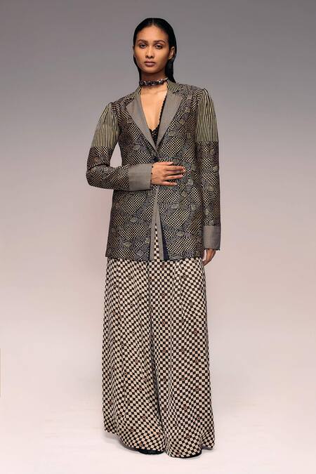 Buy_Kritika Murarka_Black Handloom Cotton, Silk, Satin Embroidery Munga Patchwork Blazer _Online_at_Aza_Fashions