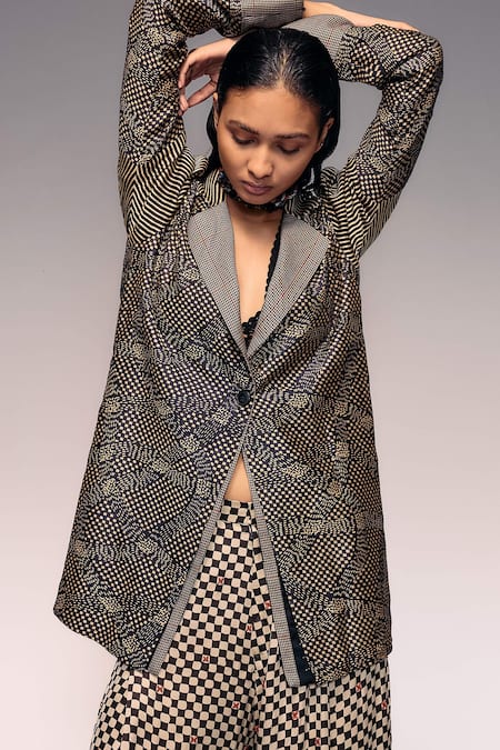 Shop_Kritika Murarka_Black Handloom Cotton, Silk, Satin Embroidery Munga Patchwork Blazer _Online_at_Aza_Fashions