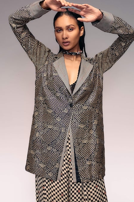 Buy_Kritika Murarka_Black Handloom Cotton, Silk, Satin Embroidery Munga Patchwork Blazer 