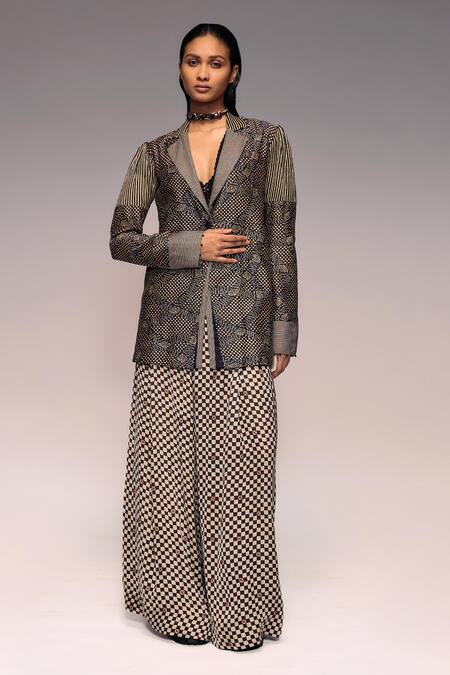 Kritika Murarka_Black Modal, Satin Embroidery Ajrakh Check Wide Trousers _Online_at_Aza_Fashions