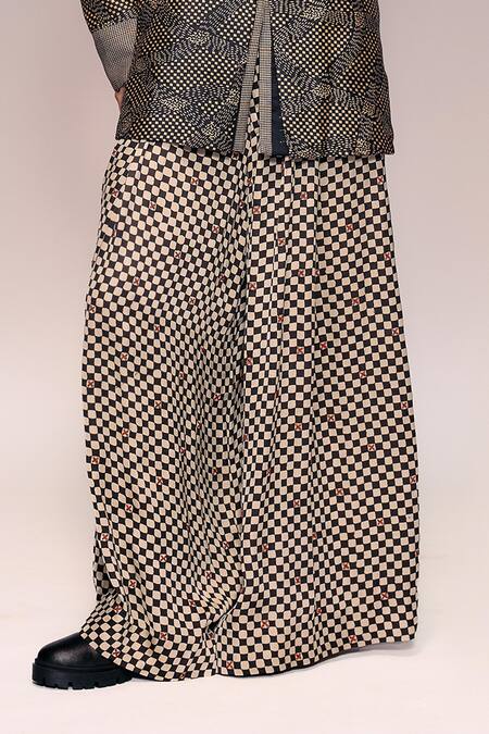 Buy_Kritika Murarka_Black Modal, Satin Embroidery Ajrakh Check Wide Trousers _Online_at_Aza_Fashions