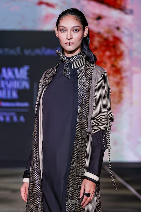 Buy_Kritika Murarka_Black Cotton High Neck Blend Structured Midi Dress _Online_at_Aza_Fashions