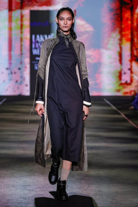 Shop_Kritika Murarka_Black Cotton High Neck Blend Structured Midi Dress _Online_at_Aza_Fashions