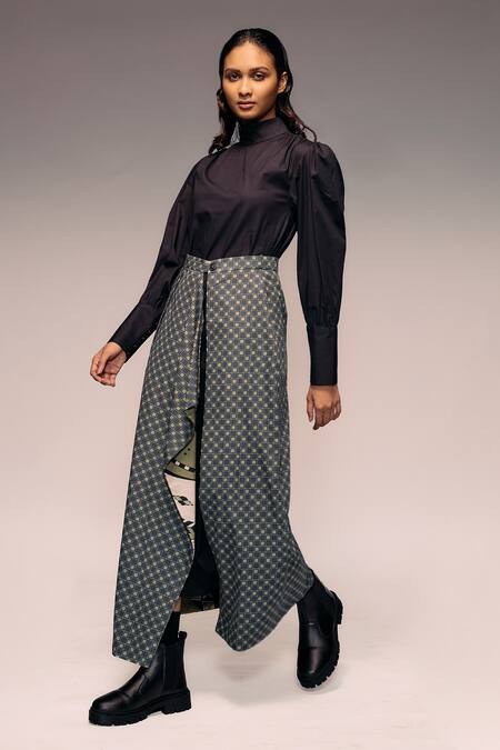 Buy_Kritika Murarka_Olive Green Cotton Printed Reversible Overlap Long Skirt _Online_at_Aza_Fashions