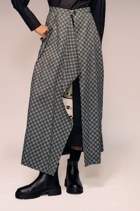 Shop_Kritika Murarka_Olive Green Cotton Printed Reversible Overlap Long Skirt _Online_at_Aza_Fashions