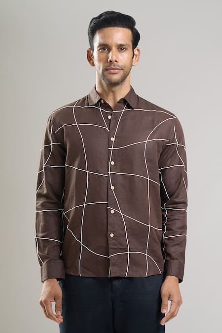 Buy_Aryavir Malhotra_Brown Linen, Cotton Embroidery Hand Abstract Grid Shirt _Online_at_Aza_Fashions