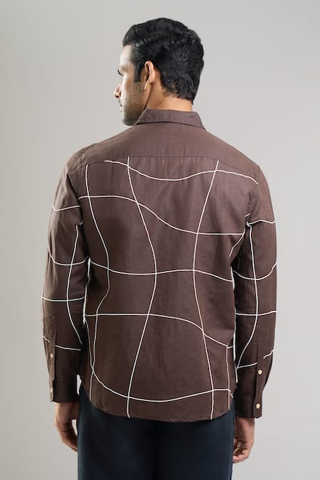 Aryavir Malhotra Hand Embroidered Abstract Grid Linen Cotton Shirt 
