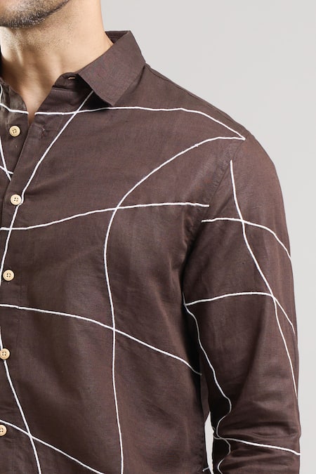 Shop_Aryavir Malhotra_Brown Linen, Cotton Embroidery Hand Abstract Grid Shirt _Online_at_Aza_Fashions