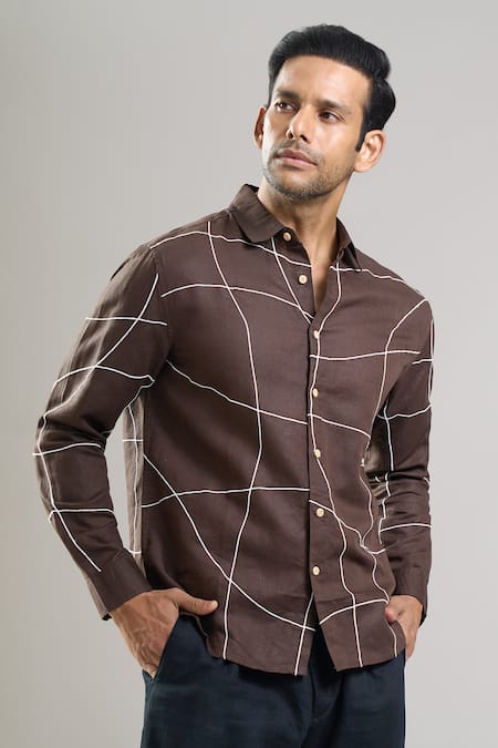 Aryavir Malhotra_Brown Linen, Cotton Embroidery Hand Abstract Grid Shirt _at_Aza_Fashions