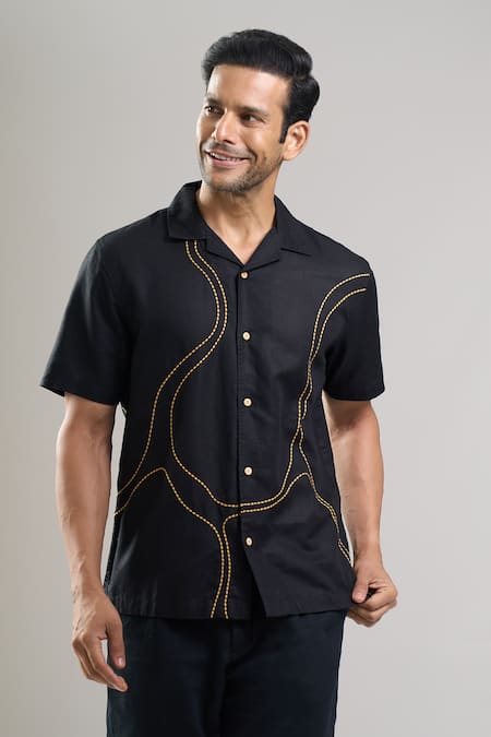 Aryavir Malhotra_Charcoal Linen, Cotton Embroidery Kantha Shirt _Online_at_Aza_Fashions