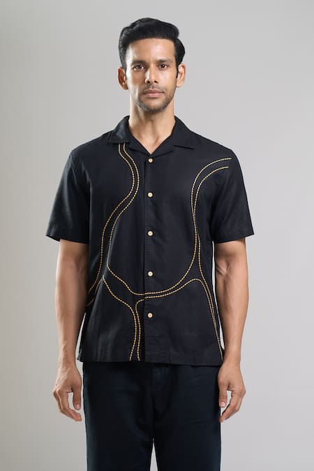 Buy_Aryavir Malhotra_Charcoal Linen, Cotton Embroidery Kantha Shirt _Online_at_Aza_Fashions